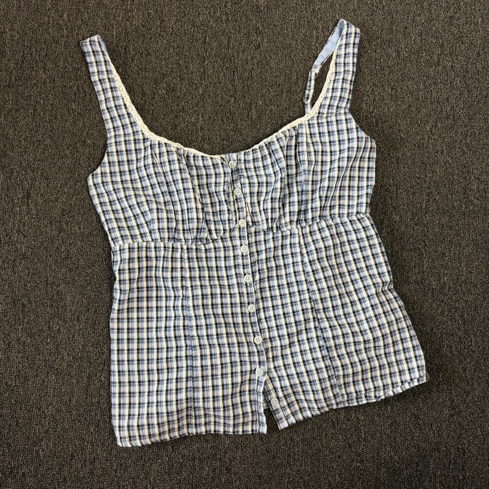 Vintage Y2k Hollister California Plaid Gingham Blue Button Front Tank Top Medium